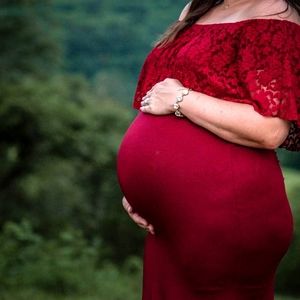 Burgundy Off Shoulder Fit and Flare Maternity Dress